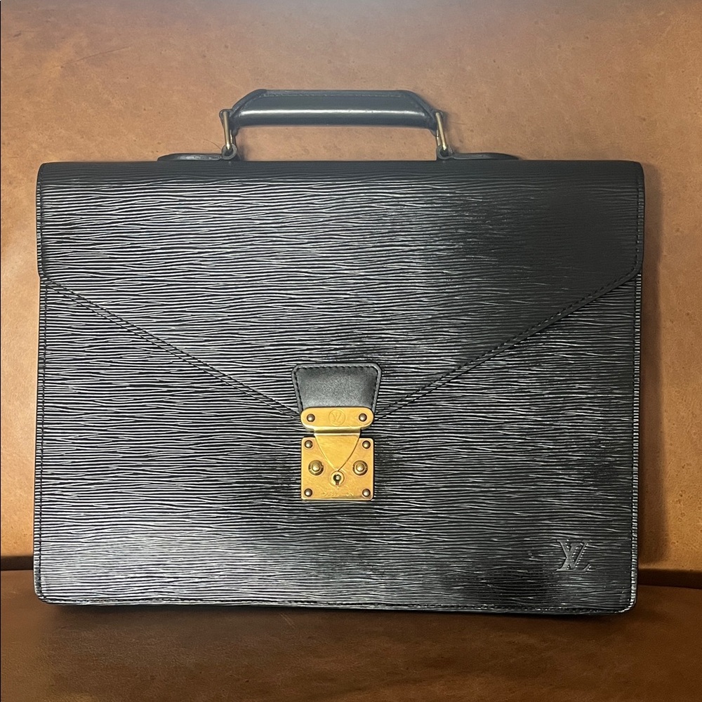 Louis Vuitton Black Textured Briefcase with Gold Lock
